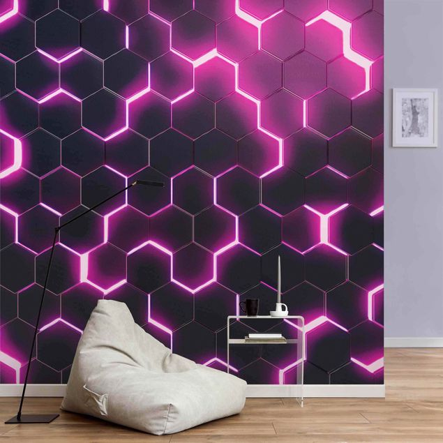 Geometrische Muster Tapete Strukturierte Hexagone mit Neonlicht in Pink