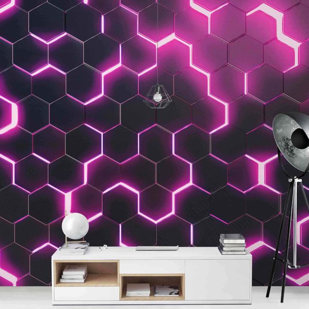 Tapete Strukturierte Hexagone mit Neonlicht in Pink