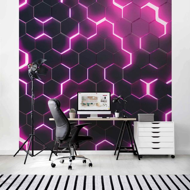 3D Tapeten Strukturierte Hexagone mit Neonlicht in Pink