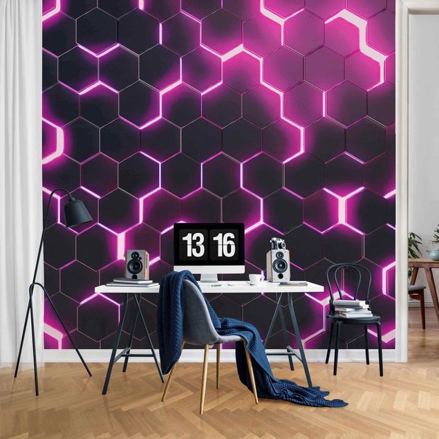Mustertapete Strukturierte Hexagone mit Neonlicht in Pink