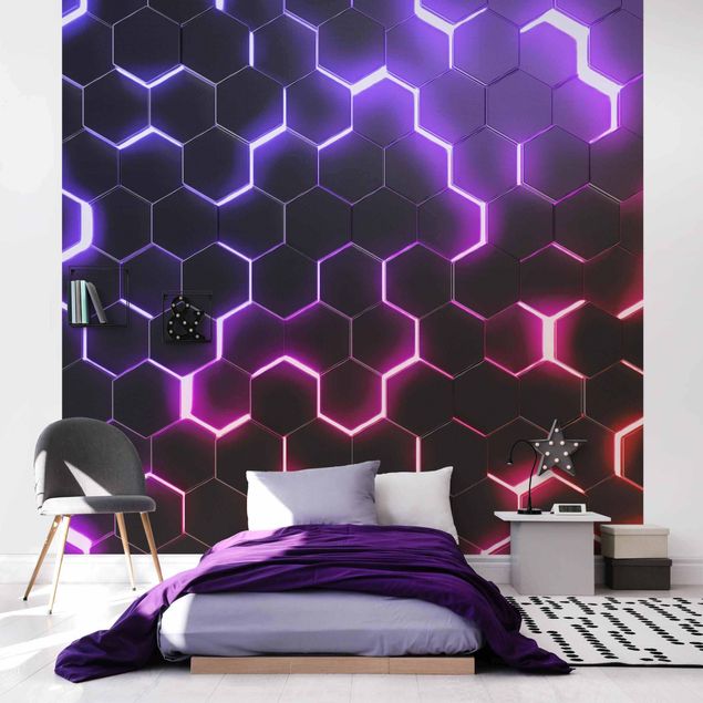 Tapeten Strukturierte Hexagone mit Neonlicht in Rosa und Lila