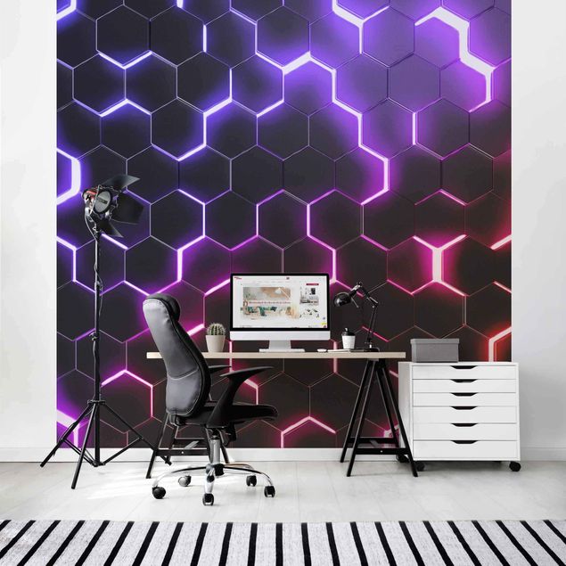 3D Tapete Strukturierte Hexagone mit Neonlicht in Rosa und Lila