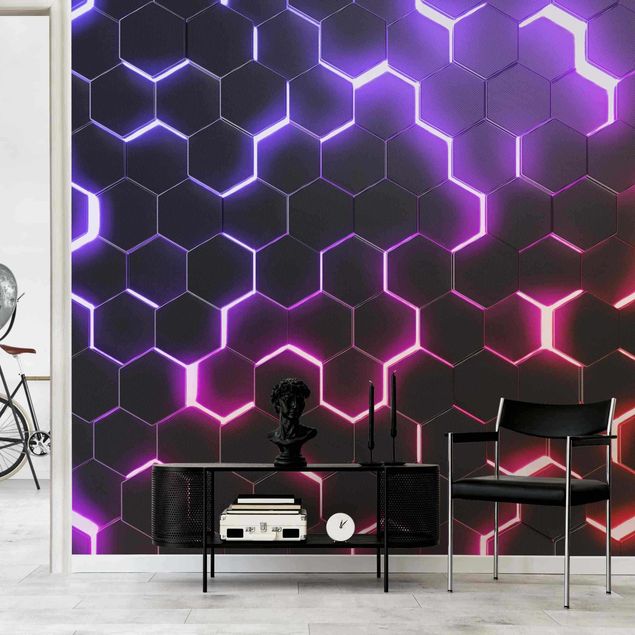 Tapeten Muster Strukturierte Hexagone mit Neonlicht in Rosa und Lila