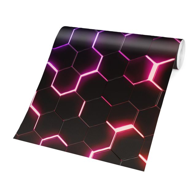 Moderne Tapeten Strukturierte Hexagone mit Neonlicht in Rosa und Lila