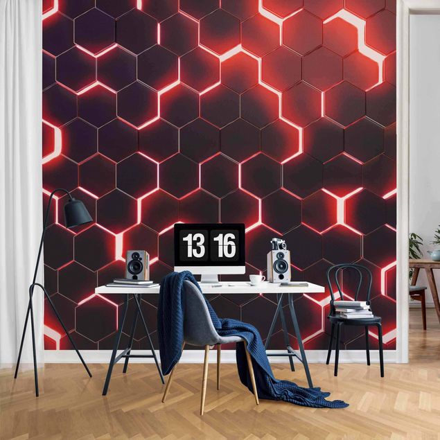 Tapeten Strukturierte Hexagone mit Neonlicht in Rot
