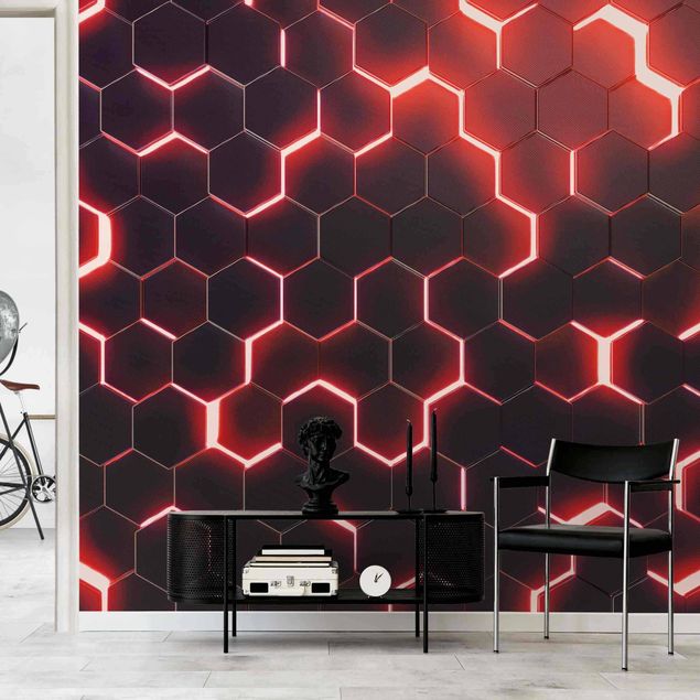 3D Tapete Strukturierte Hexagone mit Neonlicht in Rot