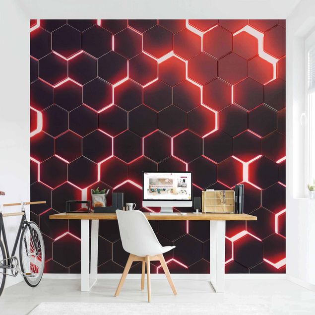 Tapeten Muster Strukturierte Hexagone mit Neonlicht in Rot