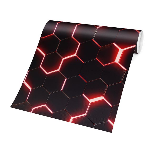 Moderne Tapeten Strukturierte Hexagone mit Neonlicht in Rot