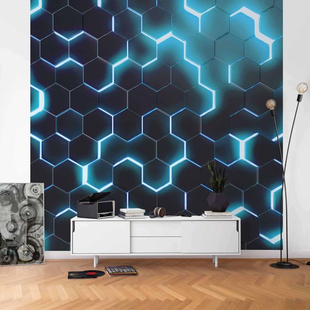 Tapeten Muster Strukturierte Hexagone mit Neonlicht in Türkis