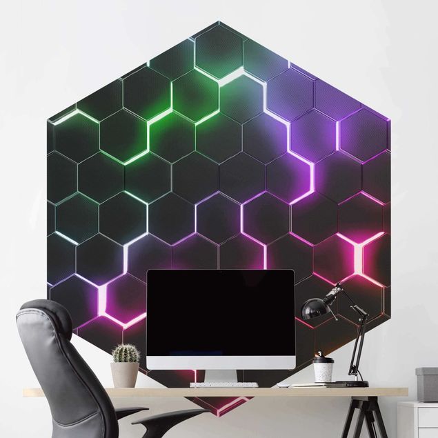 Tapete Strukturierte Hexagone mit Neonlicht