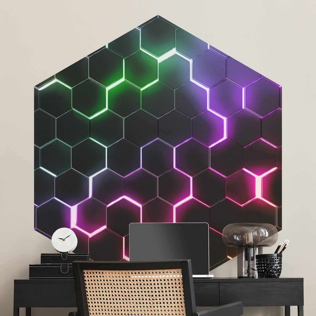 Mustertapete Strukturierte Hexagone mit Neonlicht