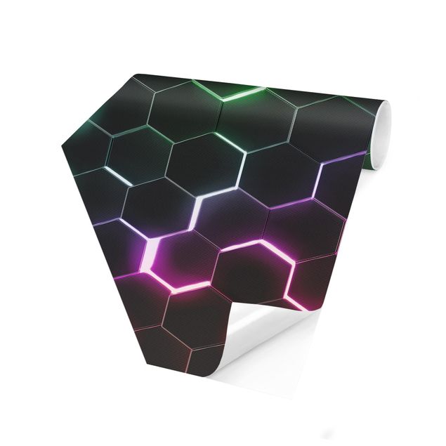 Fototapete schwarz Strukturierte Hexagone mit Neonlicht