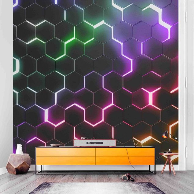Tapete Strukturierte Hexagone mit Neonlicht