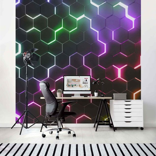 Tapeten modern Strukturierte Hexagone mit Neonlicht