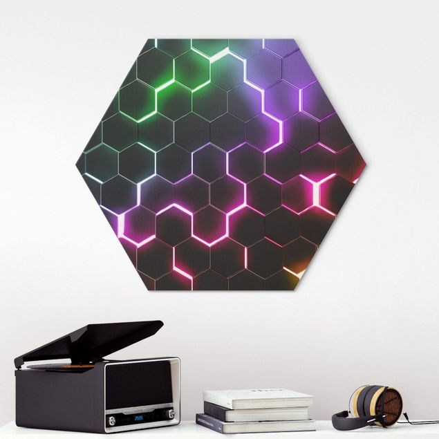 Wandbilder Strukturierte Hexagone mit Neonlicht