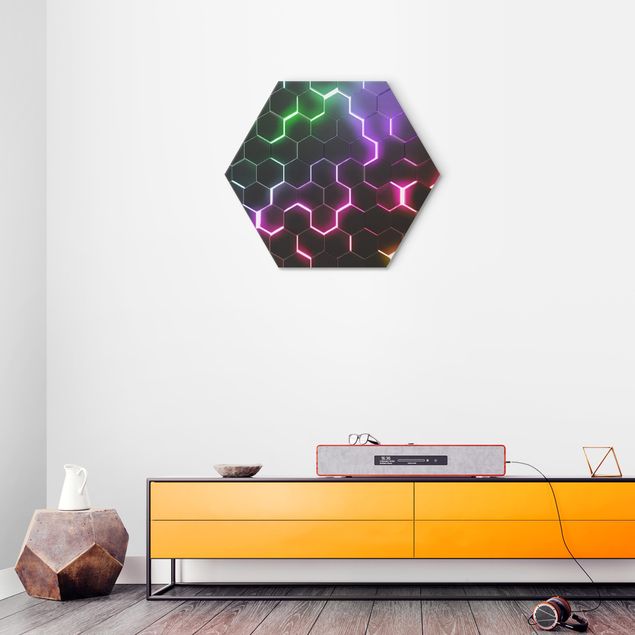 Alu Dibond Bilder Strukturierte Hexagone mit Neonlicht