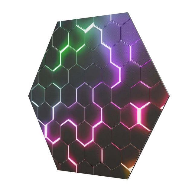 Hexagon-Alu-Dibond Bild - Strukturierte Hexagone mit Neonlicht