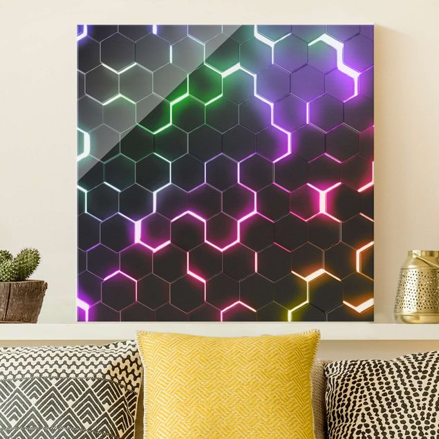 Wandbilder Glas XXL Strukturierte Hexagone mit Neonlicht