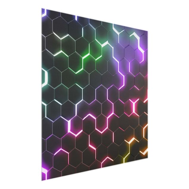 Glasbild - Strukturierte Hexagone mit Neonlicht - Quadrat