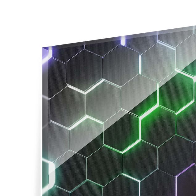 Glasbild - Strukturierte Hexagone mit Neonlicht - Quadrat