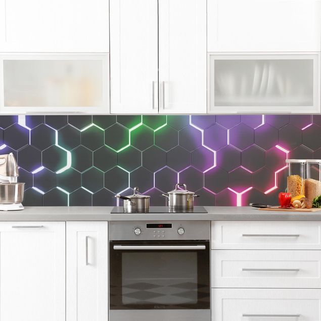 Spritzschutz Küche Strukturierte Hexagone mit Neonlicht