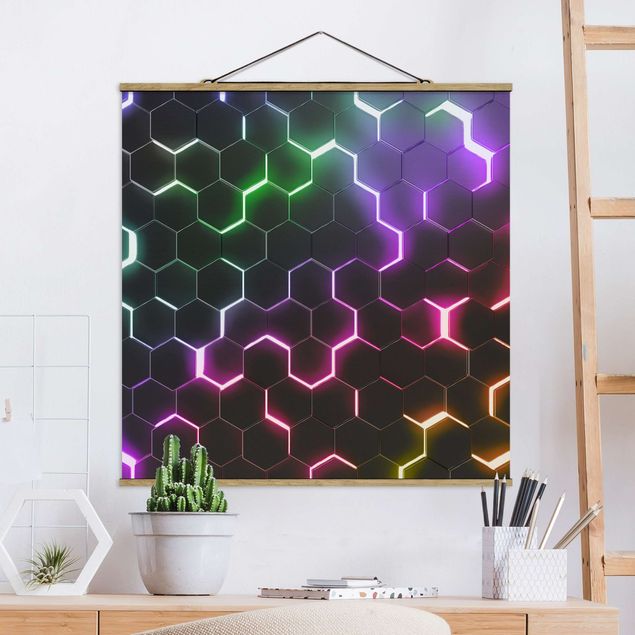 Bilder für die Wand Strukturierte Hexagone mit Neonlicht