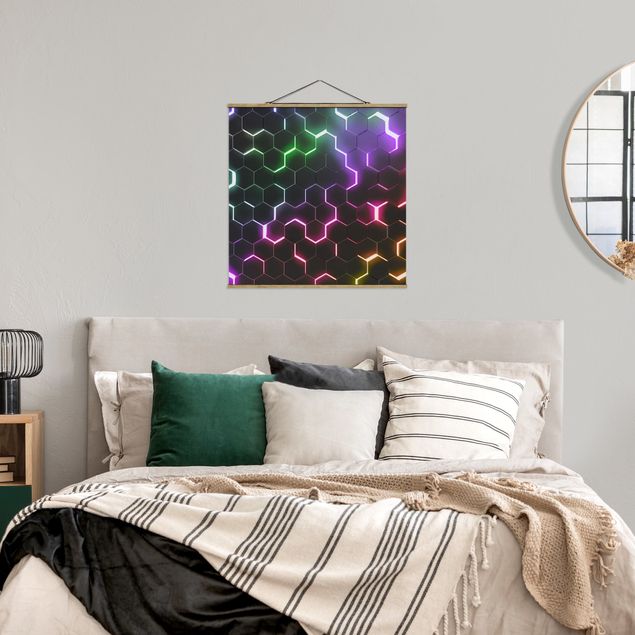 Stoffbild mit Posterleisten - Strukturierte Hexagone mit Neonlicht - Quadrat 1:1