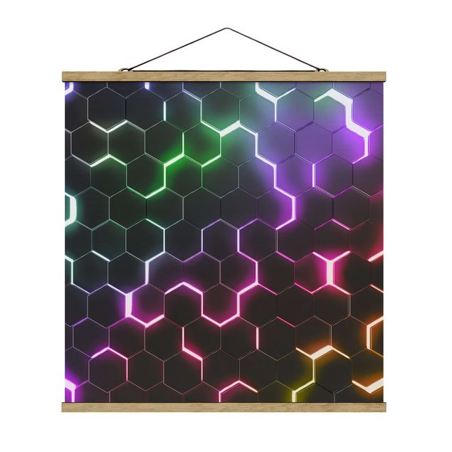 Stoffbild mit Posterleisten - Strukturierte Hexagone mit Neonlicht - Quadrat 1:1