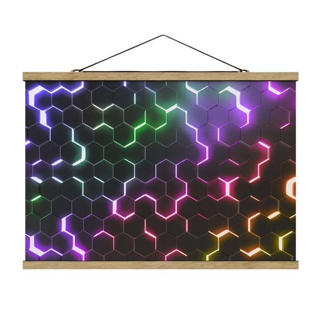Stoffbild mit Posterleisten - Strukturierte Hexagone mit Neonlicht - Querformat 3:2