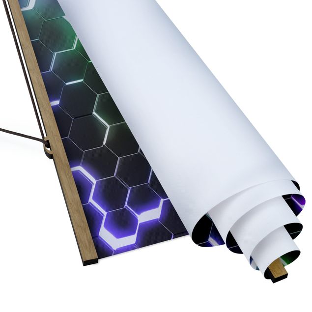 Stoffbild mit Posterleisten - Strukturierte Hexagone mit Neonlicht - Querformat 3:2