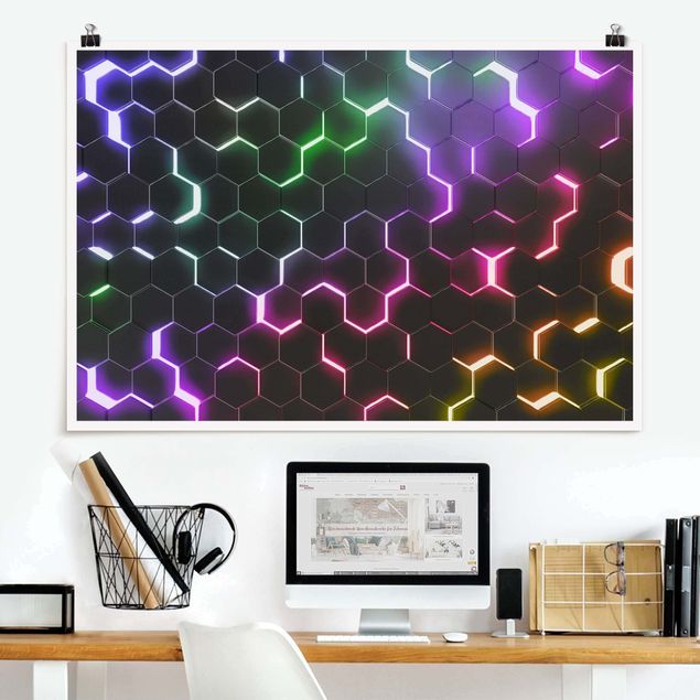 Wandbilder Strukturierte Hexagone mit Neonlicht