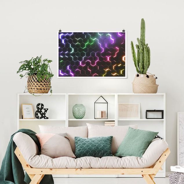 Poster Strukturierte Hexagone mit Neonlicht