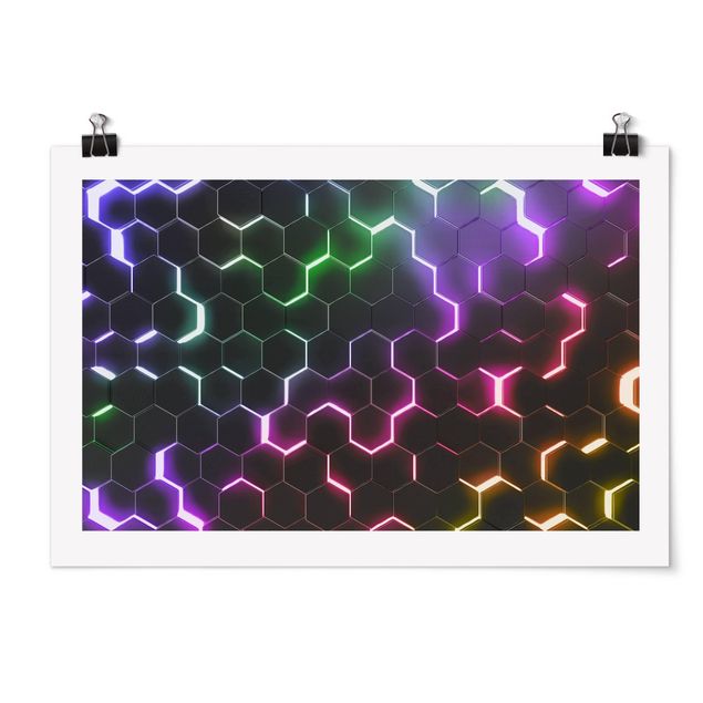Poster - Strukturierte Hexagone mit Neonlicht - Querformat 3:2
