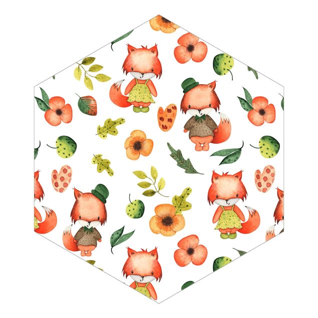 Hexagon Mustertapete selbstklebend - Süße Füchse als Aquarell