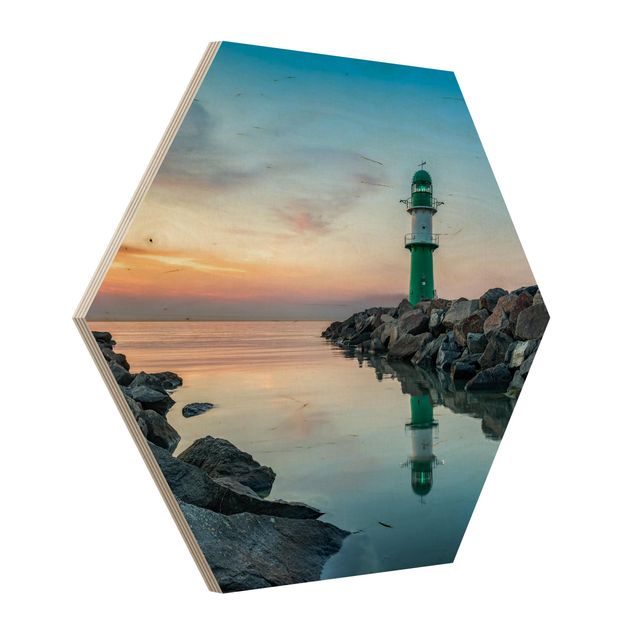 Hexagon Bild Holz - Sunset at the Lighthouse