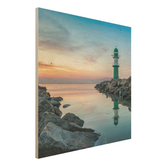 Maritime Bilder auf Holz Sunset at the Lighthouse
