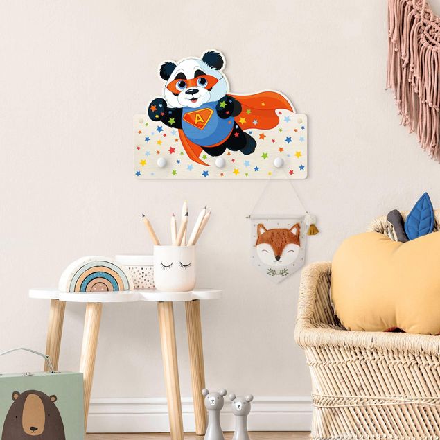 Kinderzimmer Wandgarderobe mit Tieren Super Panda mit Wunschbuchstaben