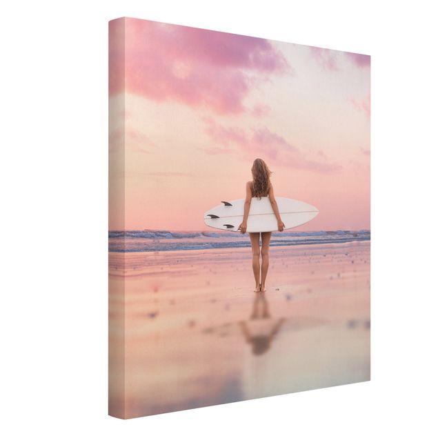 Moderne Leinwandbilder Wohnzimmer Surfergirl mit Board im Abendrot