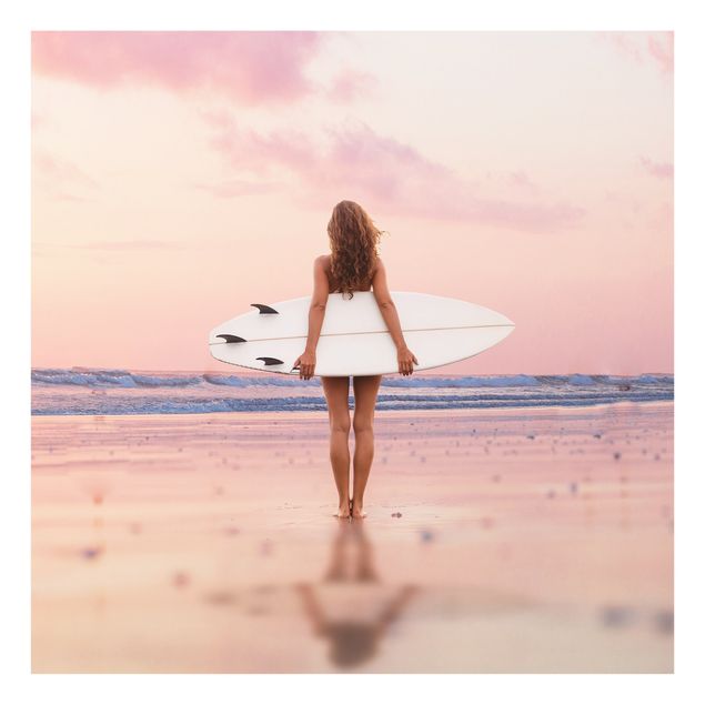 Glasbilder Surfergirl mit Board im Abendrot