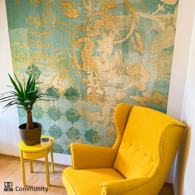 Ornament Tapete Schlafzimmer Marokkanische Collage in Gold und Türkis II