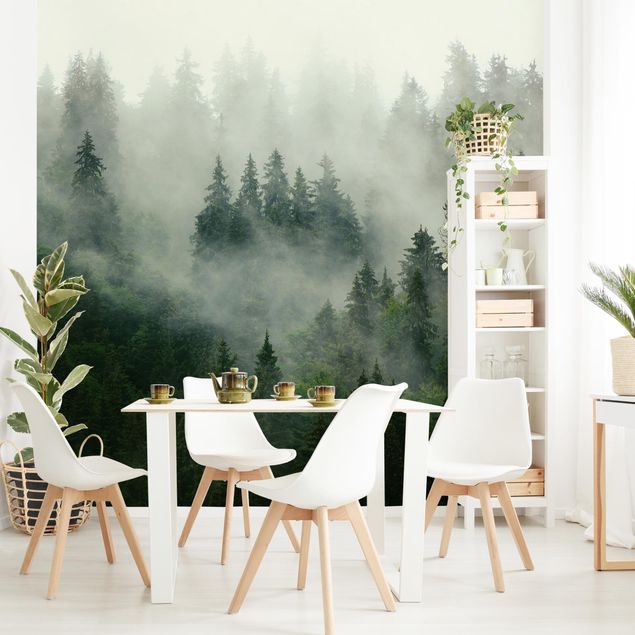 Moderne Tapeten Tiefgrüner Tannenwald im Nebel