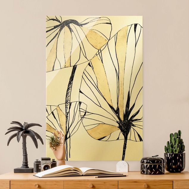 Glasbild Blumen Tropische Blätter mit Gold I