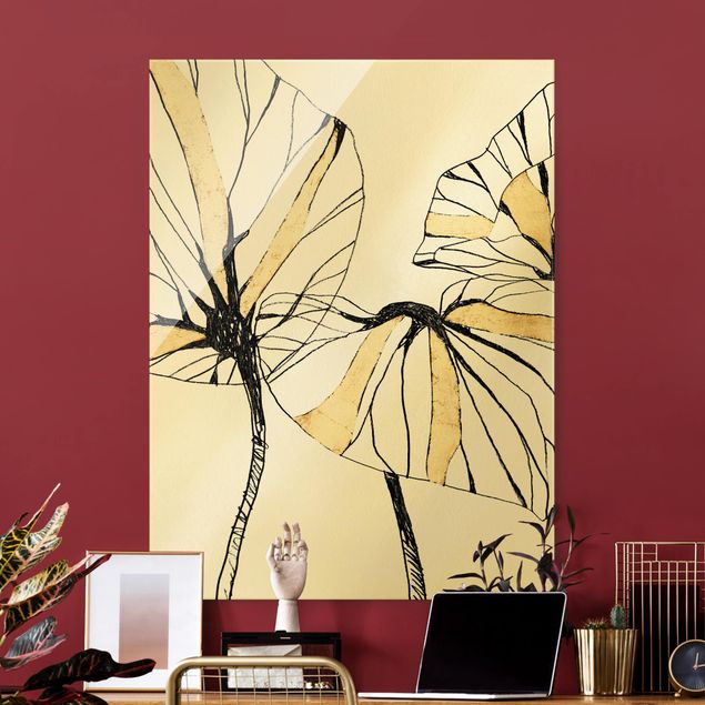 Glasbild Blumen Tropische Blätter mit Gold II