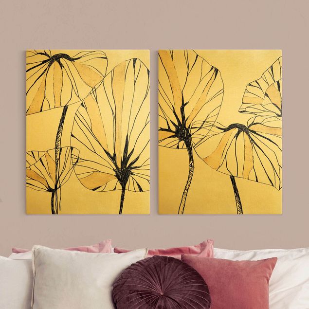 Wandbilder Wohnzimmer modern Tropische Blätter mit Gold