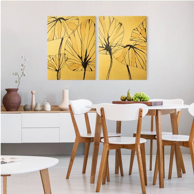 Wandbilder Wohnzimmer modern Tropische Blätter mit Gold
