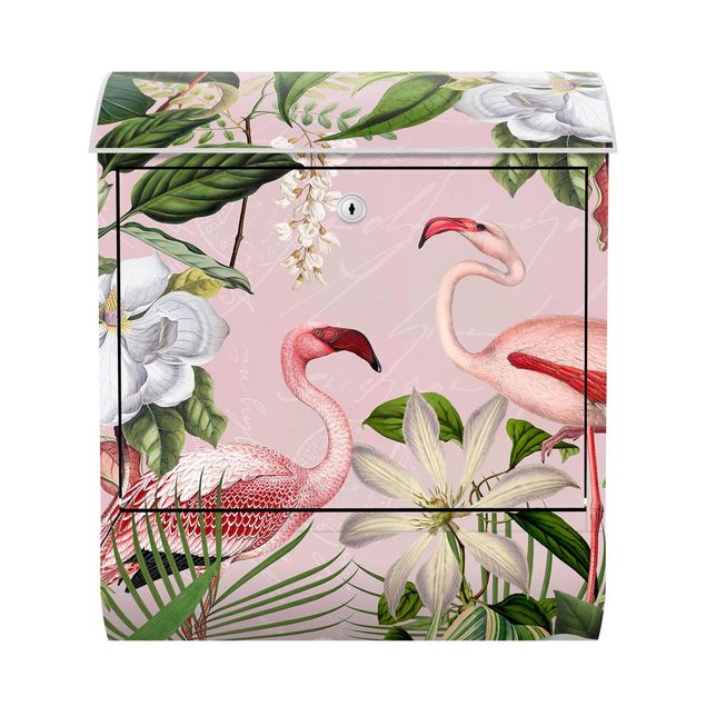 Briefkasten Tiere Tropische Flamingos mit Pflanzen in Rosa