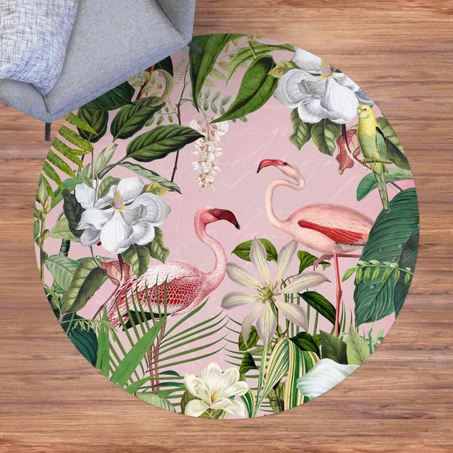 Aussen Teppich Tropische Flamingos mit Pflanzen in Rosa