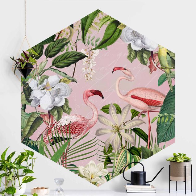 Dschungel Tapete Tropische Flamingos mit Pflanzen in Rosa