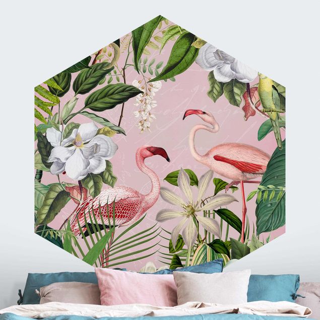 Tapete Vögel Tropische Flamingos mit Pflanzen in Rosa