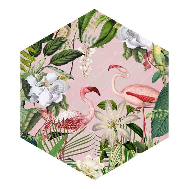 Fototapete modern Tropische Flamingos mit Pflanzen in Rosa